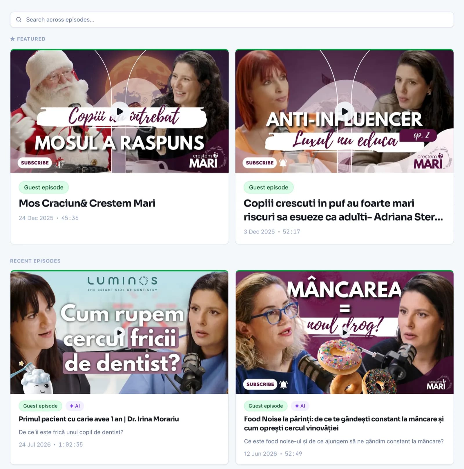 The CreștemMari hub built with Podify: a search box across every episode, above a grid of episode pages with dates and durations.